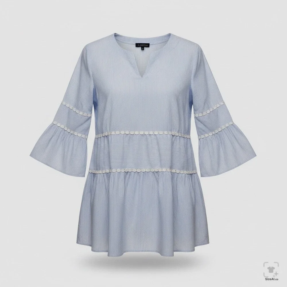 Bua Bua Blue White Pinstripe Tiered Babydoll Tunic Top Crochet Lace Trim Large